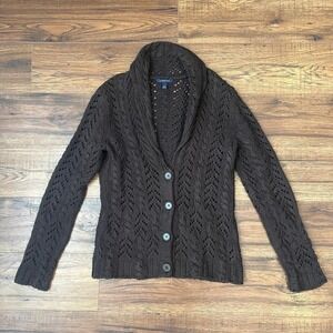 Lands End Brown Pointelle Knit Button Cardigan Women Small Old Money Preppy